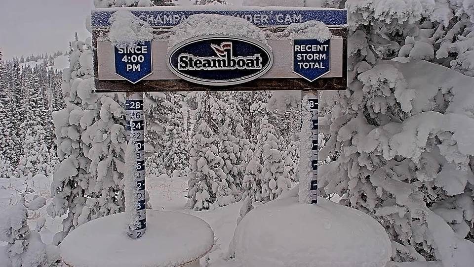 Steamboat snow stake during the storm